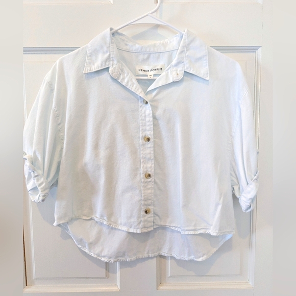 Denim Forum Light Sky Blue Cropped Shirt, Small - Picture 1 of 4